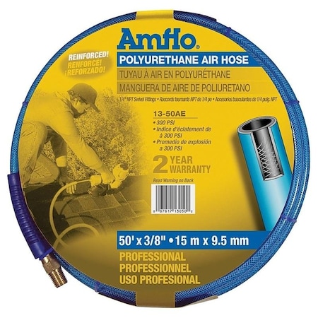 Air Hose, 38 In OD, 50 Ft L, MNPT, 300 Psi Pressure, Polyurethane, Blue